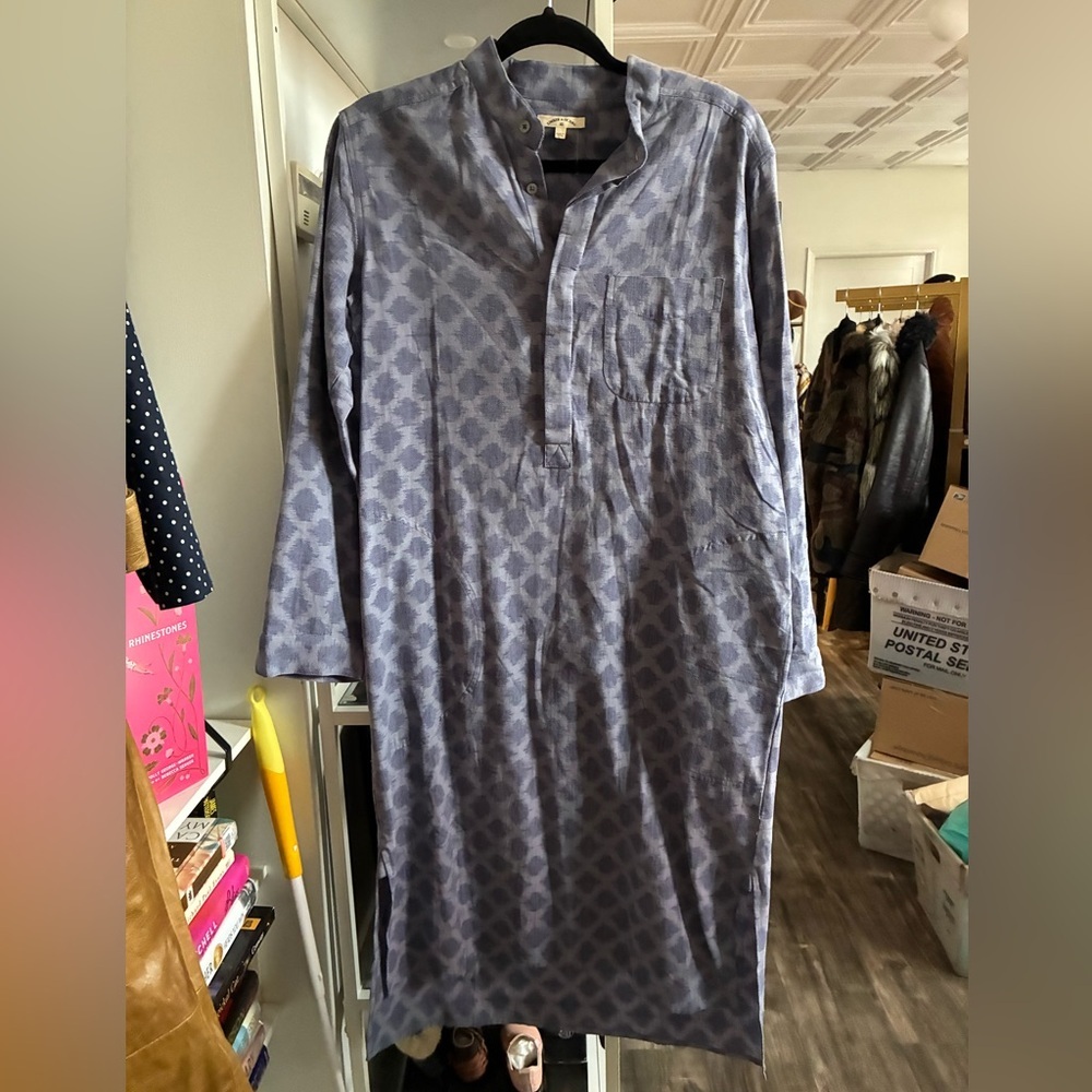 Umber & Ochre blue print linen long pullover shirt dress XS